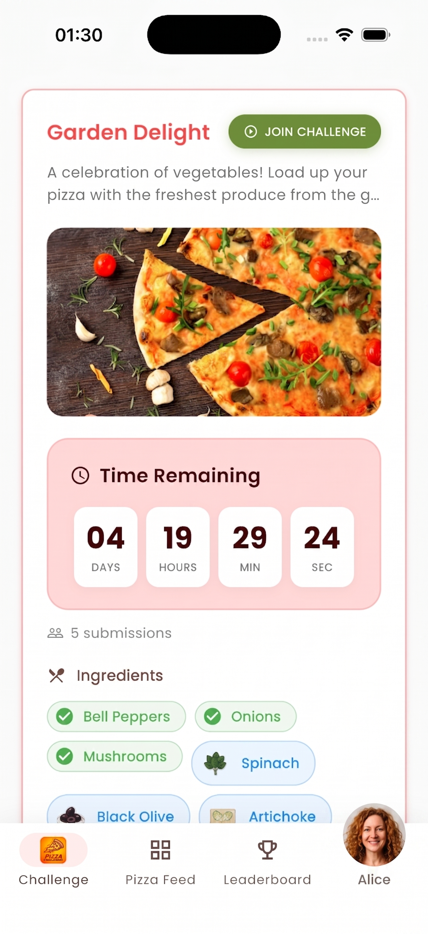 Pizza Challenge app home screen